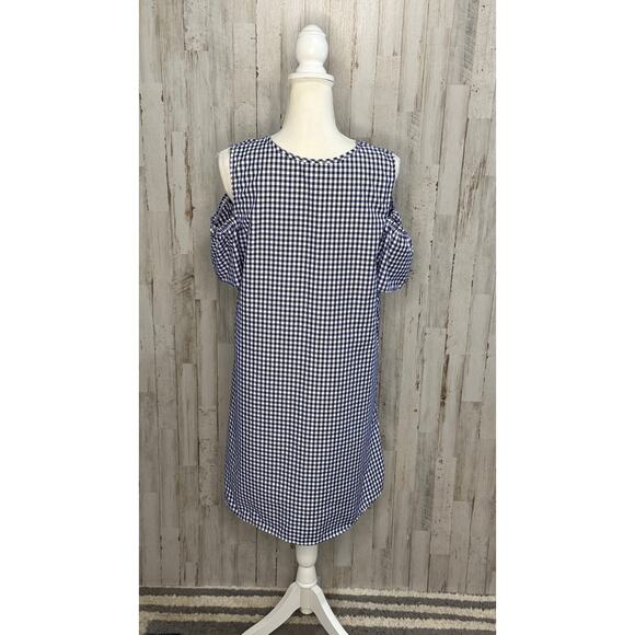 Espresso Women's Blue Gingham Cold Shoulder Knee Length Dress Size Large‎ - Picture 2 of 7